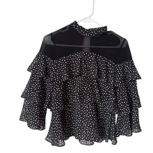 P Luca Milano Womens Polka Dot Ruffle Tiered Blouse Mesh Mock Neck Black SYT8161